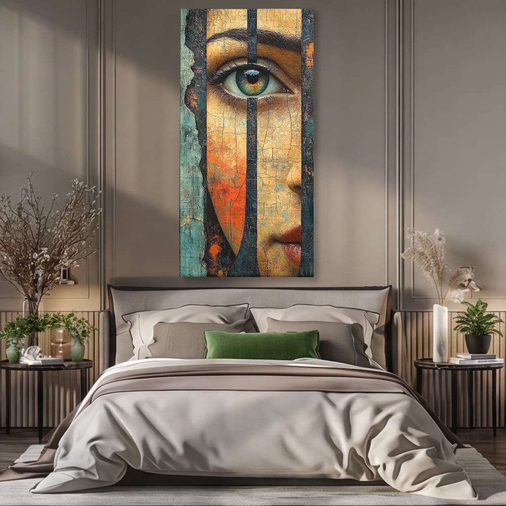 Tablou canvas cu tablou canvas cu ochi printre gratii, fara rama, pe sasiu de lemn, pe perete intr-un dormitor